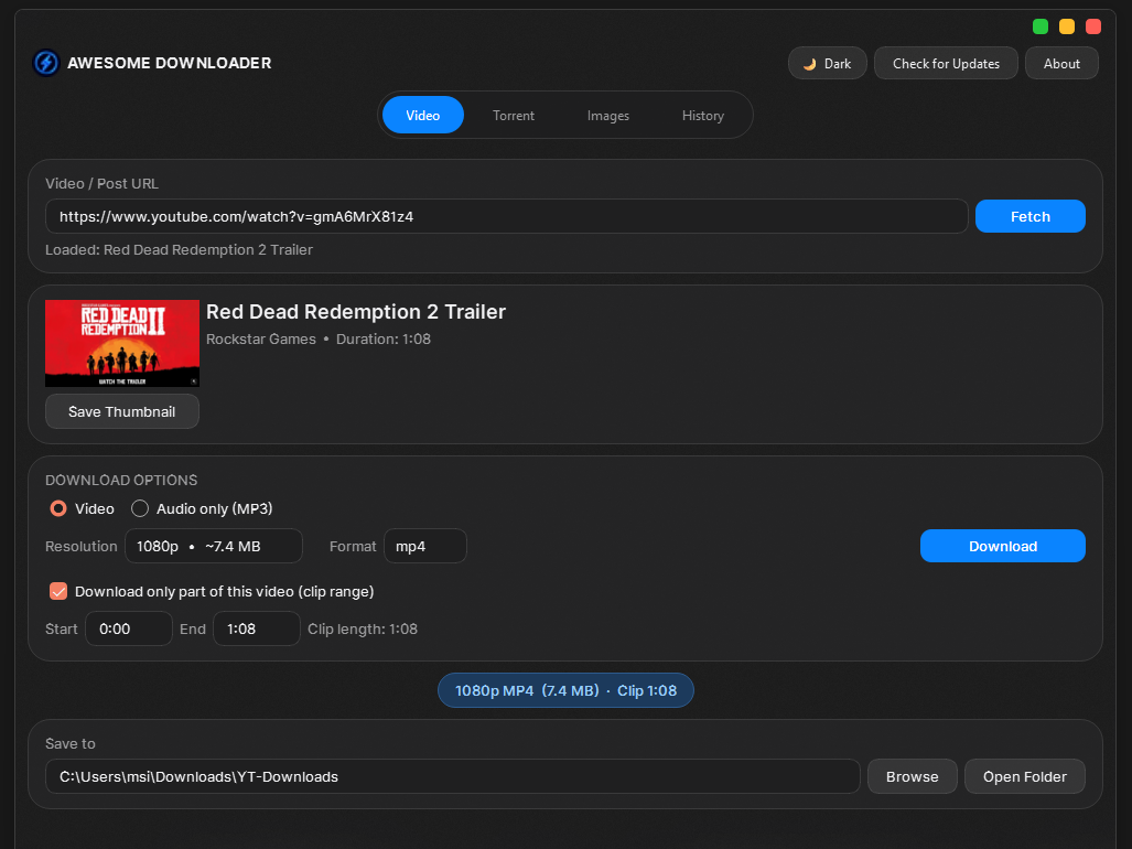 Awesome Downloader showing the Video tab with a YouTube download in progress