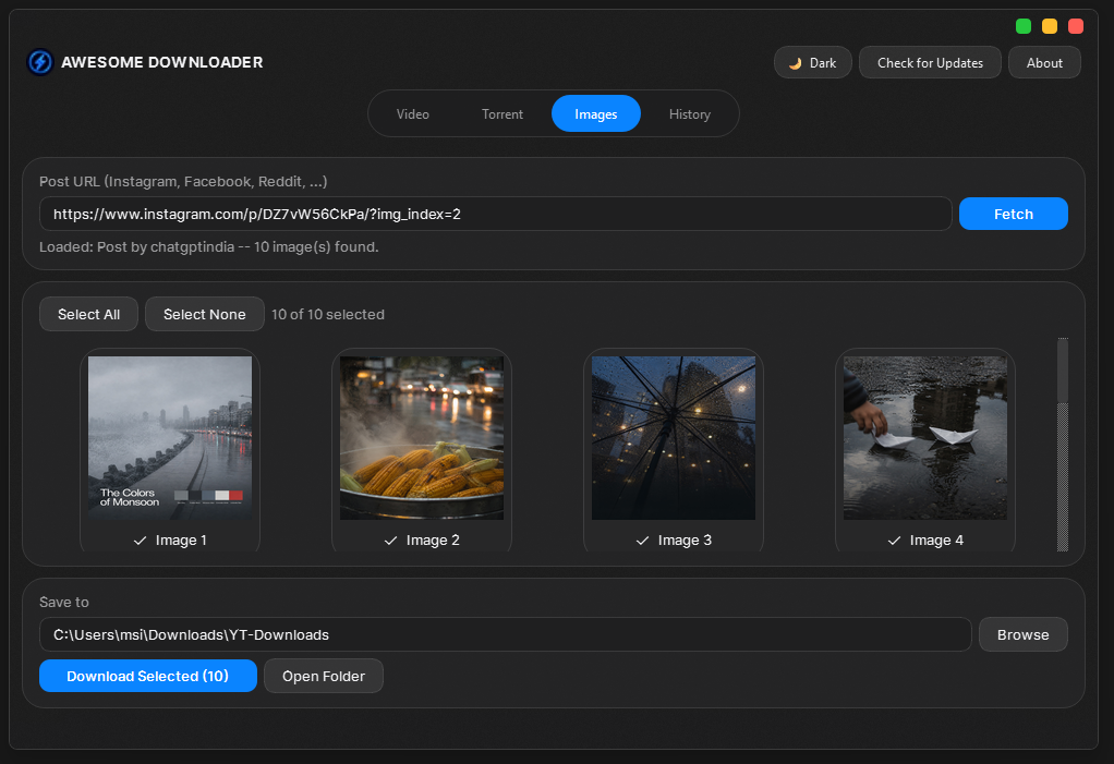 Images tab — full Instagram carousel with 10 images selected