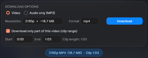 Clip range UI showing start time 0:45, end time 2:30, clip length 1:45 and file size preview
