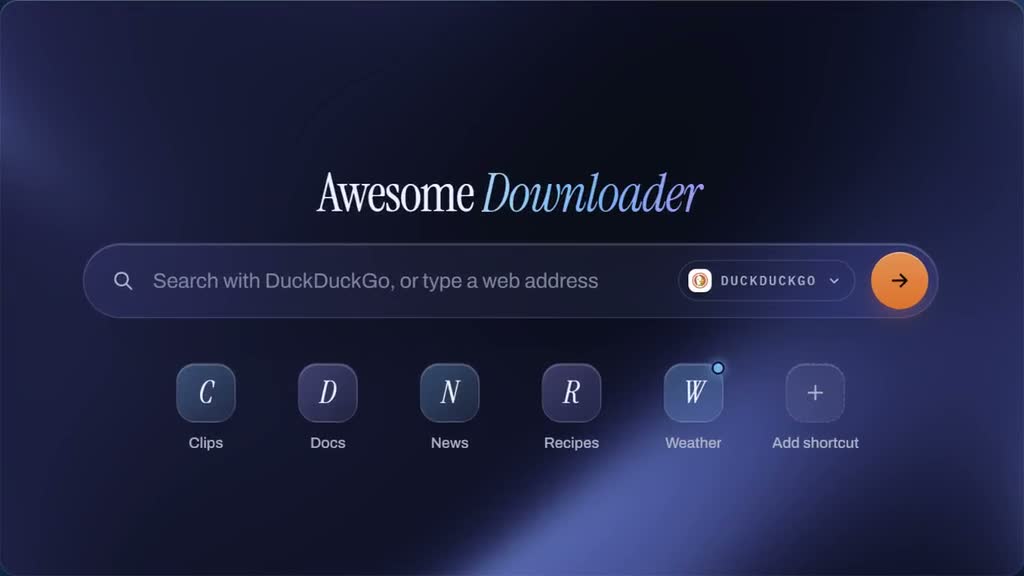 The built-in browser&rsquo;s home page: one search field, an engine picker and shortcuts