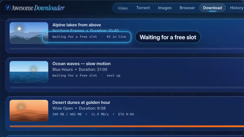 The Download tab with three downloads running and two waiting for a free slot