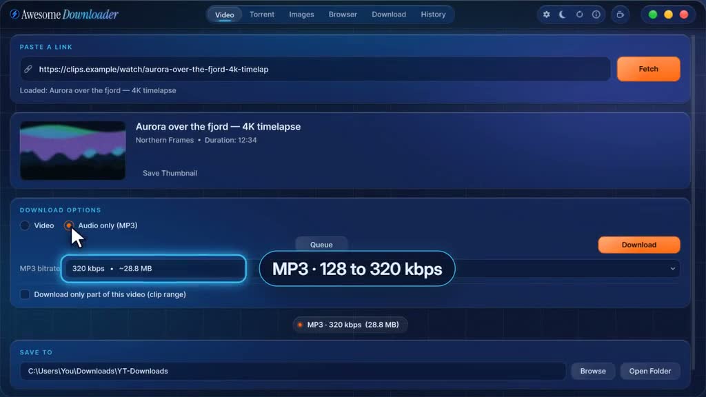 Download options with Audio only (MP3) chosen and a clip range with a start and an end
