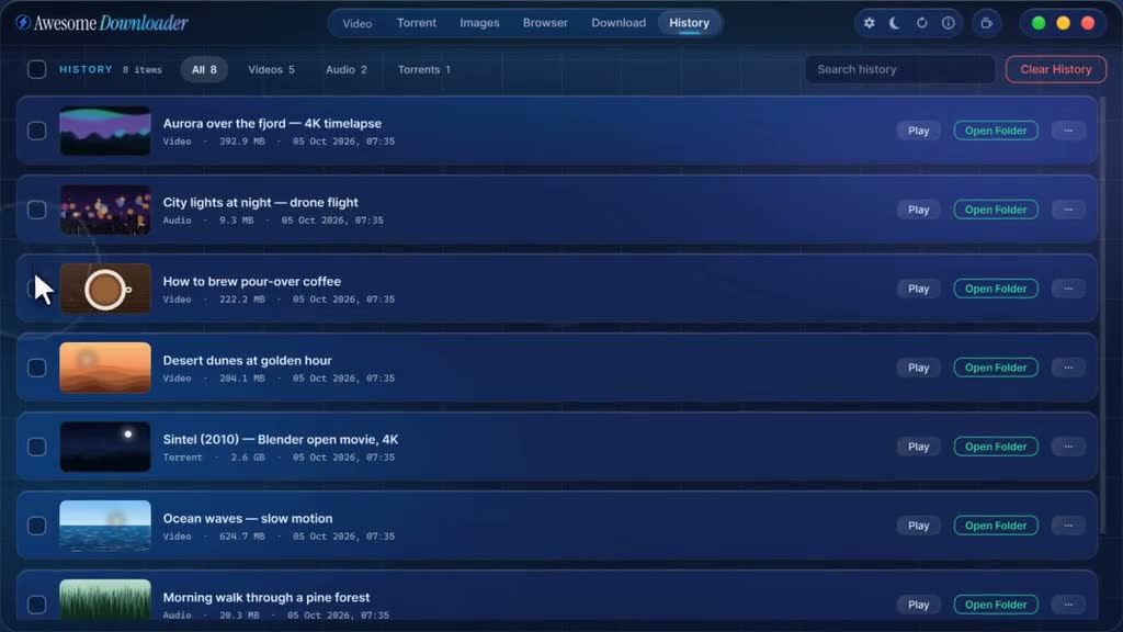 The History tab with three downloads ticked and the action row above them