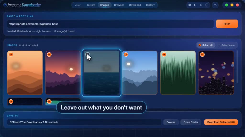 Eight images from one post in a grid, two of them unticked