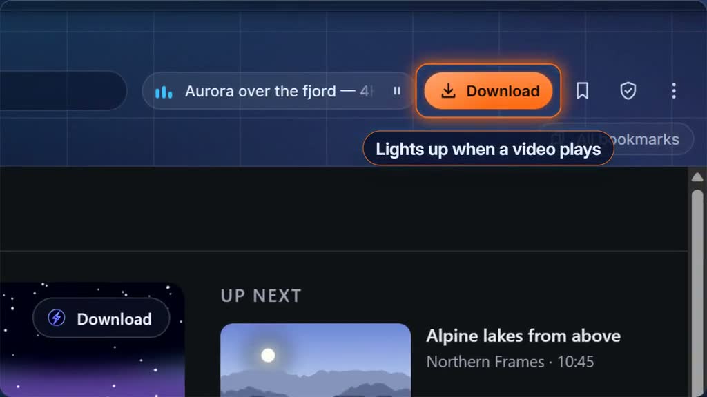 A page playing a clip in the built-in browser, with the Download button lit in the toolbar