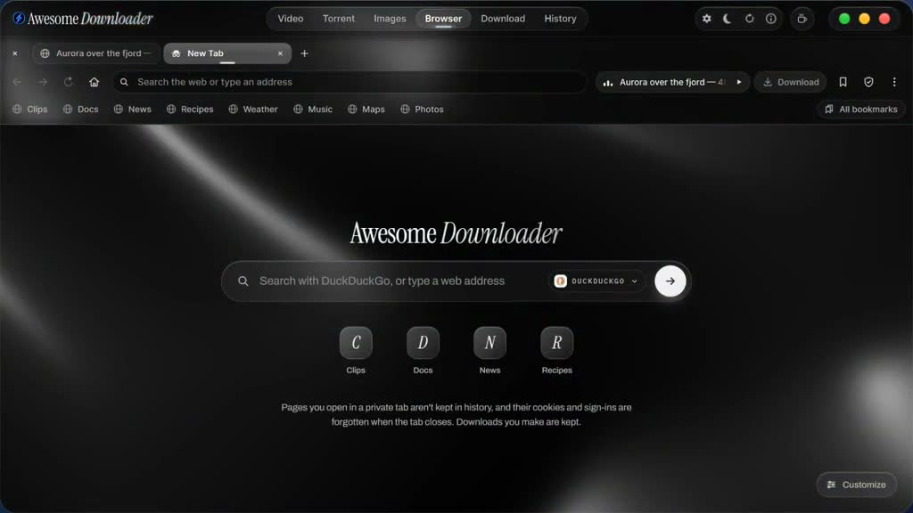 A private tab: the whole browser window in black and white