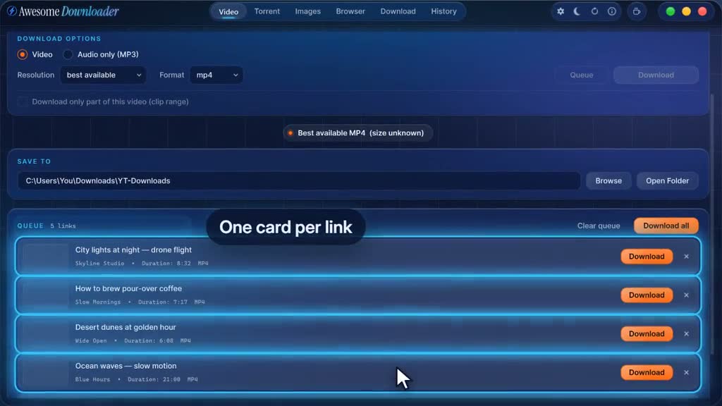 Five pasted links stacked as cards in the queue, with Download all