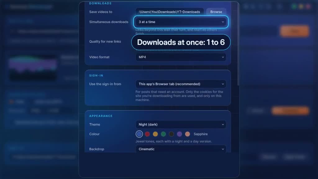 The Settings panel open over the app window