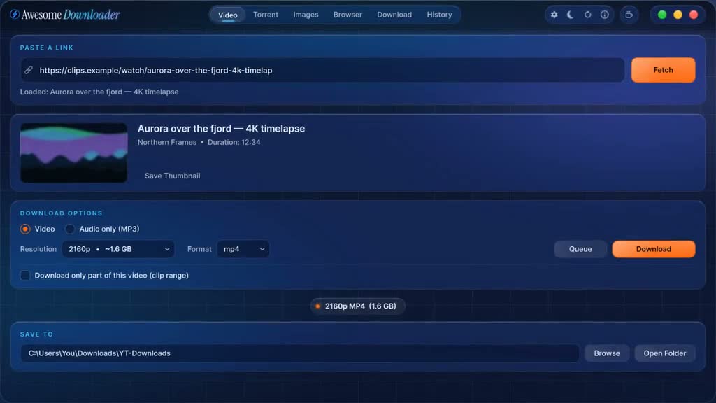Awesome Downloader on Windows, with its six tabs: Video, Torrent, Images, Browser, Download and History